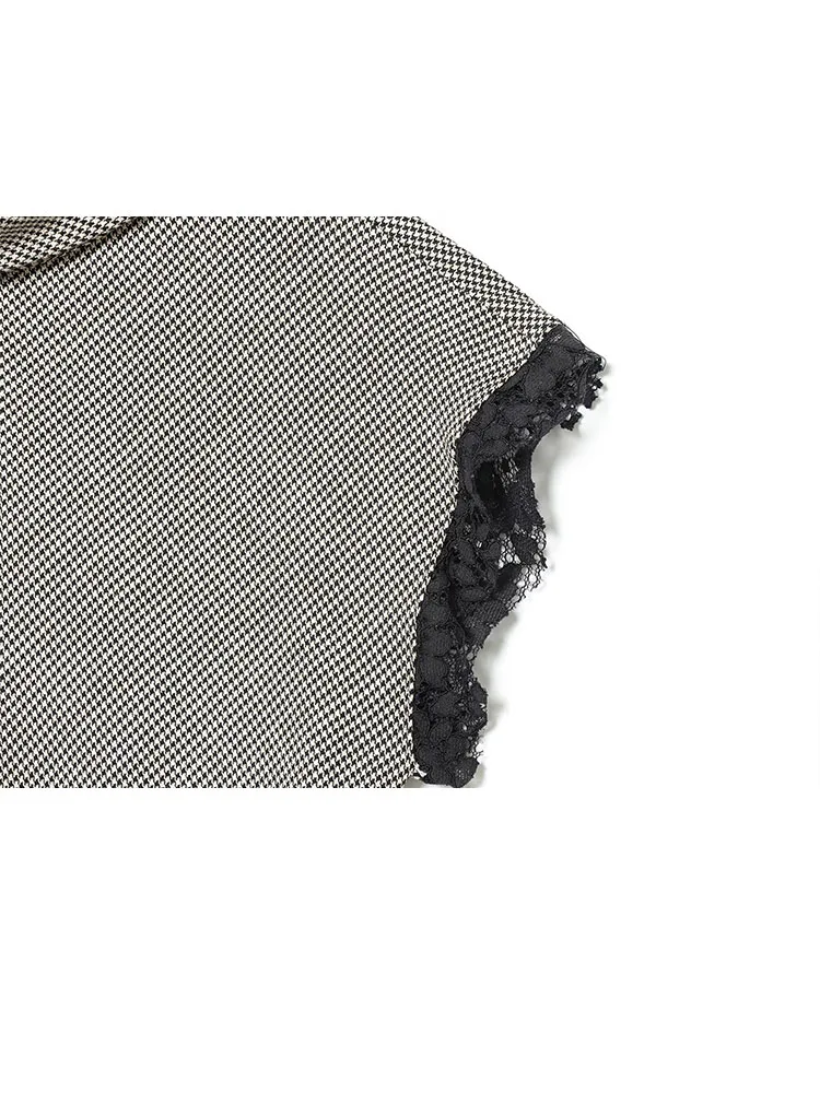 HH المرأة الموضة تنوعا الوقوف طوق أكمام houndstooth و الدانتيل المرقعة الأعلى الإناث أنيقة غير المتماثلة هيم بلا أكمام