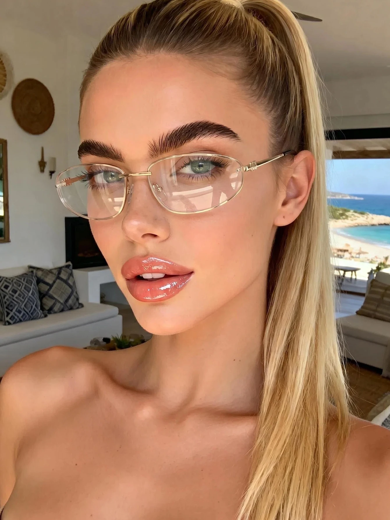 1pc thin half-frame oval glasses, smooth frame, daily leisure trend fashion glasses, the same style for men and women