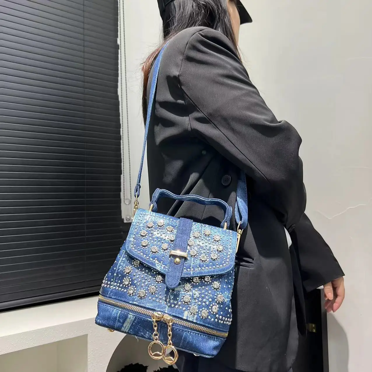 حقيبة ظهر جينز ماسية متعددة الوظائف ، حقيبة كتف أنيقة للنساء ، الموضة