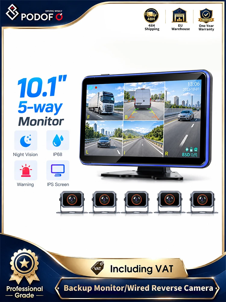 10,1'' IPS-Bildschirm Kabelgebundenes Rückfahrkamerasystem mit 5 Kameras BSD DVR Schleifenaufnahme IP68 Wasserdicht 1080P Vollfarbige Nachtsicht Störungsfrei für LKW Wohnmobil Bus