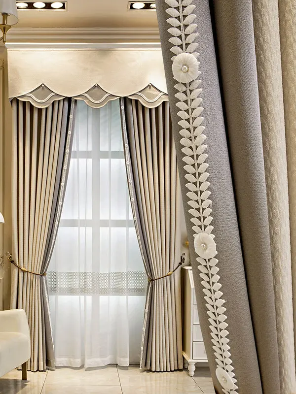 

Custom curtain living room French cream wind beige modern simple shading cloth blackout curtain tulle valance drape C1113