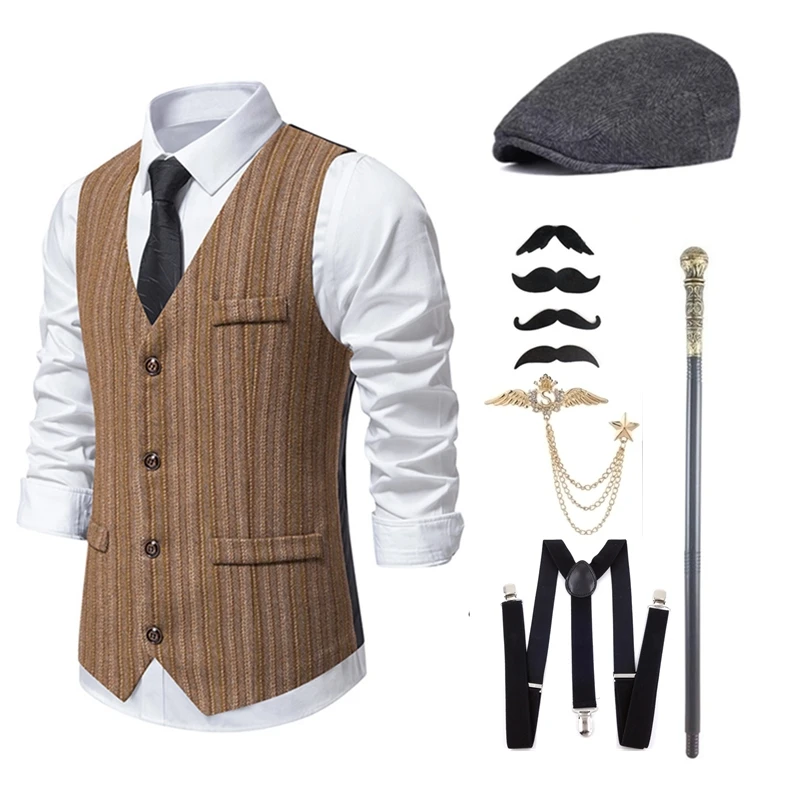 Autunno Retro Gatsby 1920s Carnival Banquet abito da uomo Gentleman Vest Party Button Set accessori cappello Strap