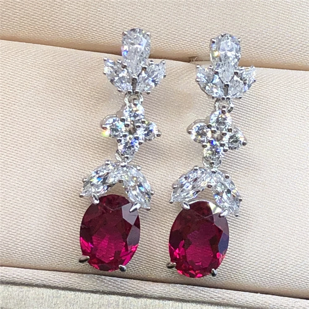 Oval Shape 1.5CT/ Piece Ruby Diamond Women Solid White Gold Au750 Gemstone Earrings Popular Birthday Jewelry For Lady With Box