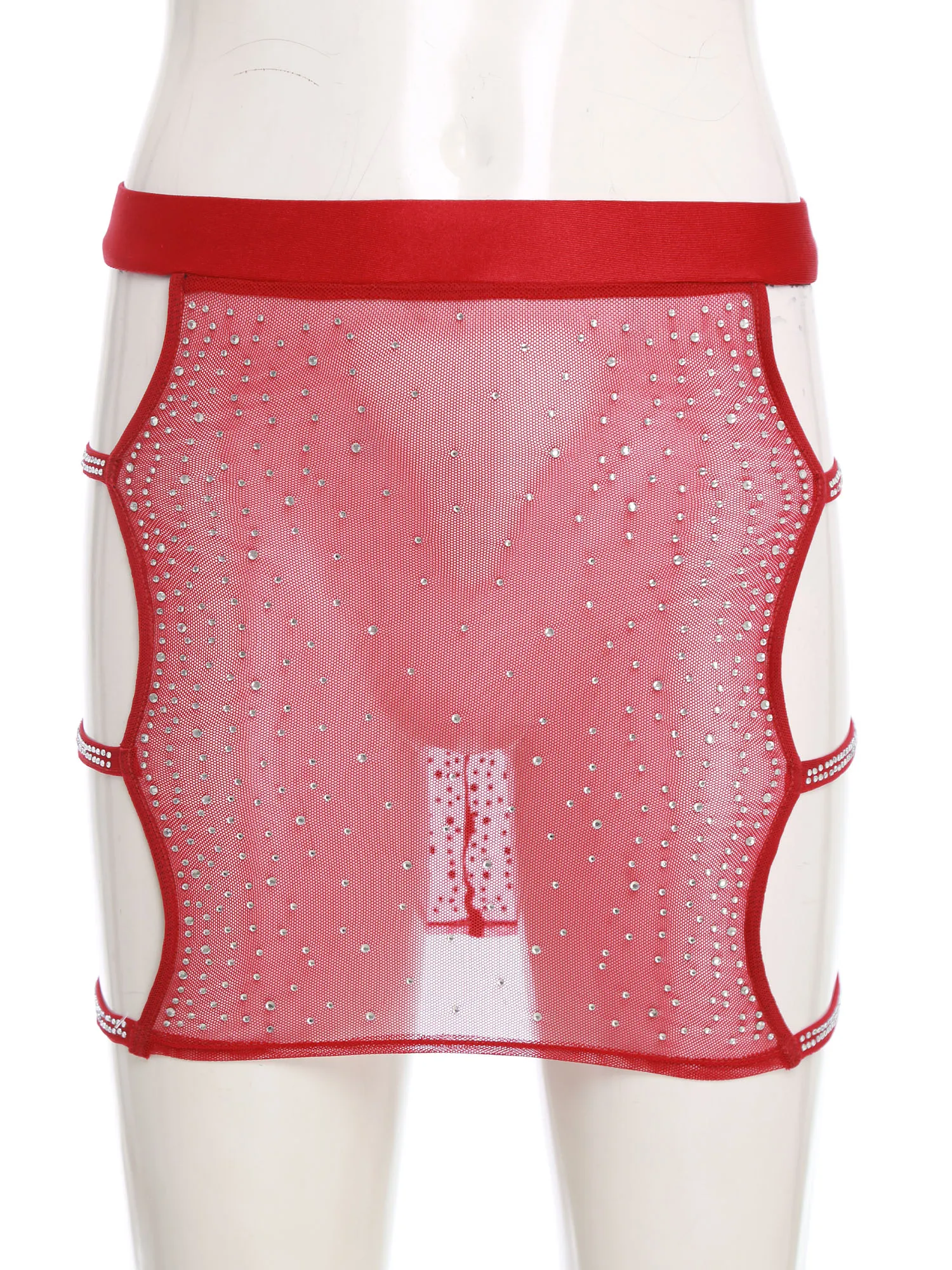 Women Sheer Mesh Sparkly Rhinestones Miniskirt Elastic Waist Side Cutout See Through Bodycon Skirt Rave Dance Party Clubwear