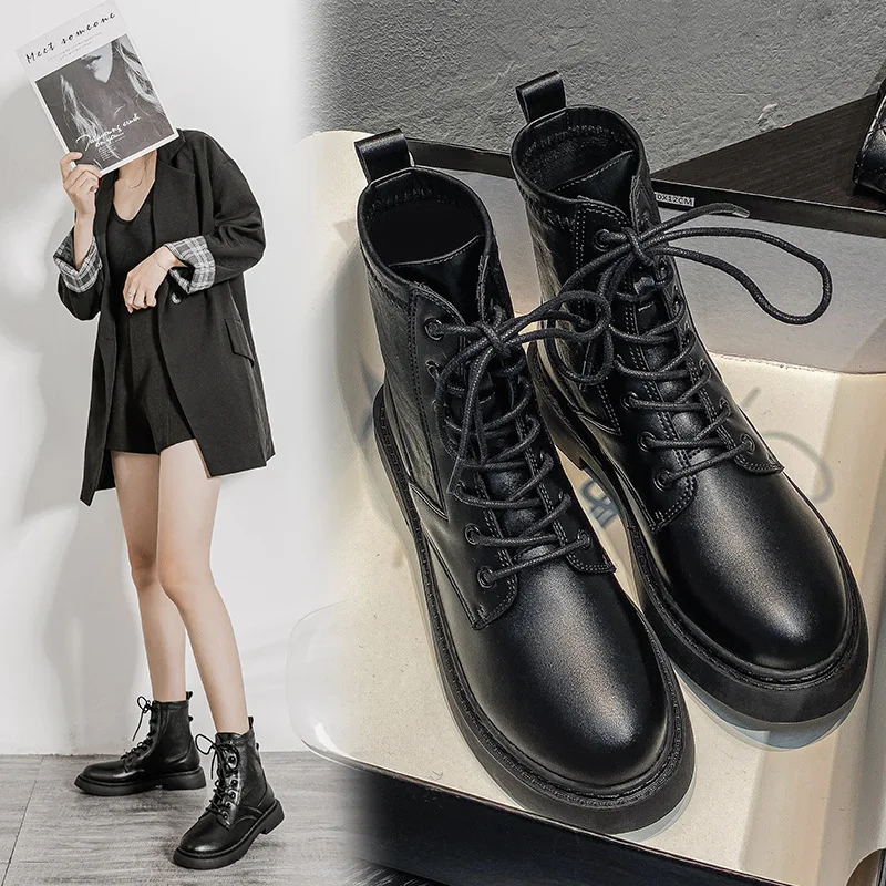 2023 NEW Women's Winter Boots Punk Shoes Black Platform Ankle Boots Motorcycle Boots Leather Lace-up Bright Boots Botas Mujer