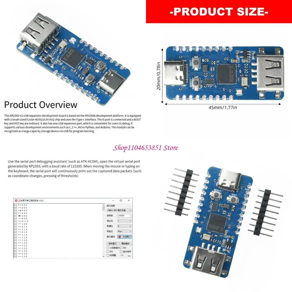 RP2350 Microcontroller Development Board, USB C Power, USB-A Expansion and Header Pins for Prototype Validation Work 