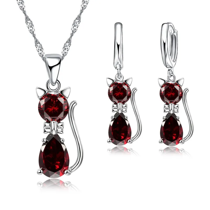 925 Silver CZ Cute Cat Necklace & Hoop Earring Set - Image 4