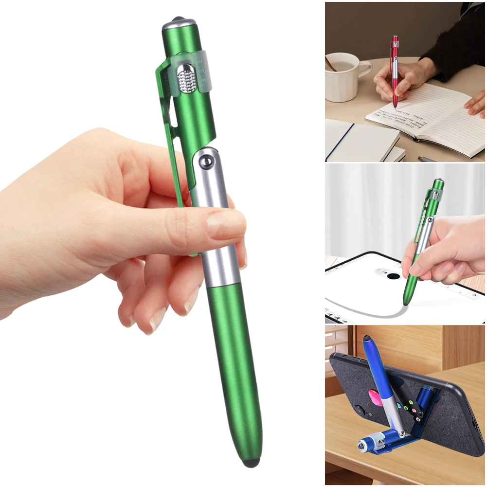 4 In 1 Multifunction Ballpoint Pen with LED Light Folding Phone Holder Multi-Function Touch Pen Black Ink Pen for Office Workers