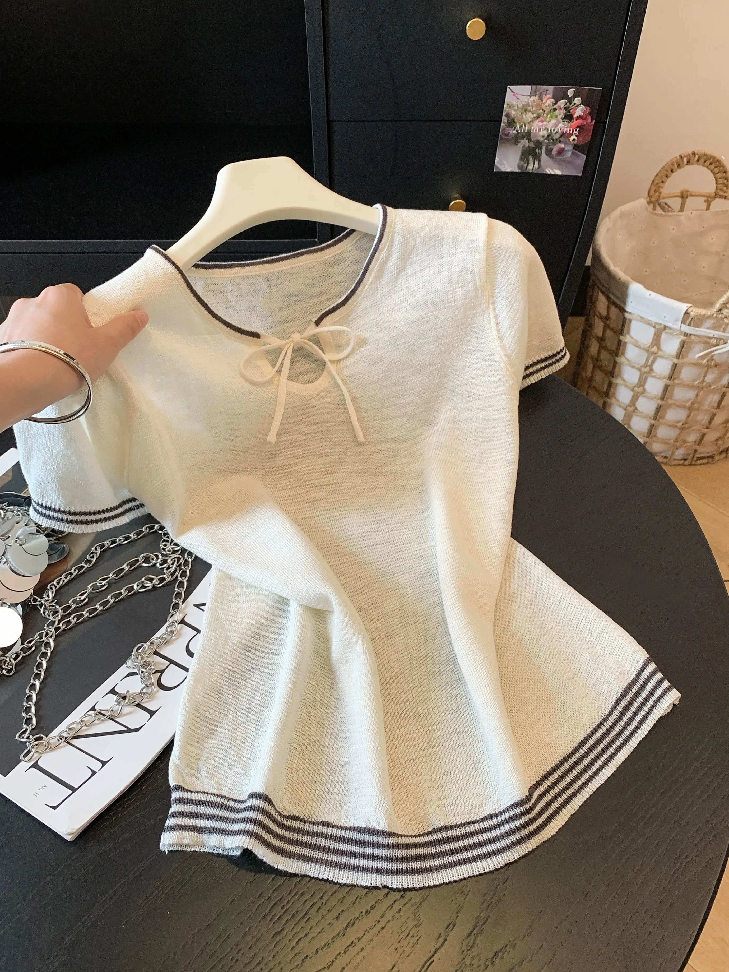 

Knot Short Sleeve Knitted Sweater Women's Summer New Lazy Style Color Block Knot Top Versatile Korean Straight Cut ...