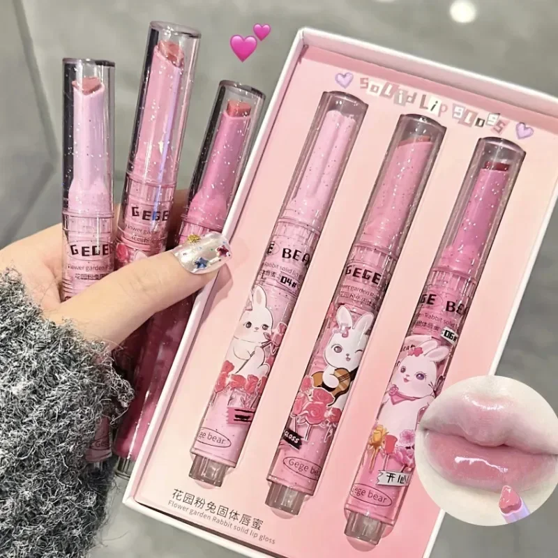 Brillo de labios sólido transparente con purpurina, lápiz labial de espejo rosa, tinte de labios hidratante de gelatina acuosa, forma de corazón de amor, Juego de 3 piezas