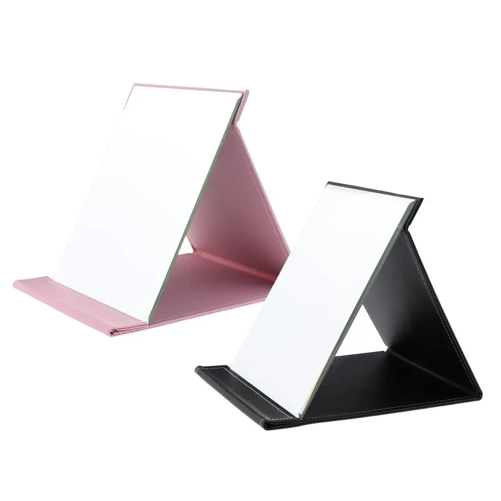 Draagbare opvouwbare make-upspiegel, slank PU-leer opvouwbare compacte make-up tafelblad cosmetische reisspiegel met staand, L