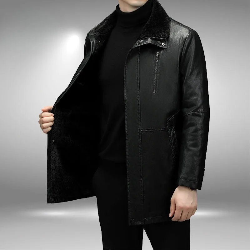 2023 New Men Fashion Casual Fur Integrated Leather Coat Winter Men Mid-Length Thickened Wool Liner Warm Sheep Leather Jacket