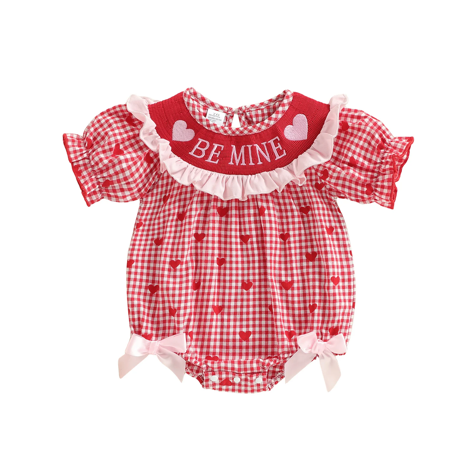 

Baby Girl Valentines Day Romper Plaid Heart Letter Ruffle Trim Short Sleeve Jumpsuit Cute Spring Clothes
