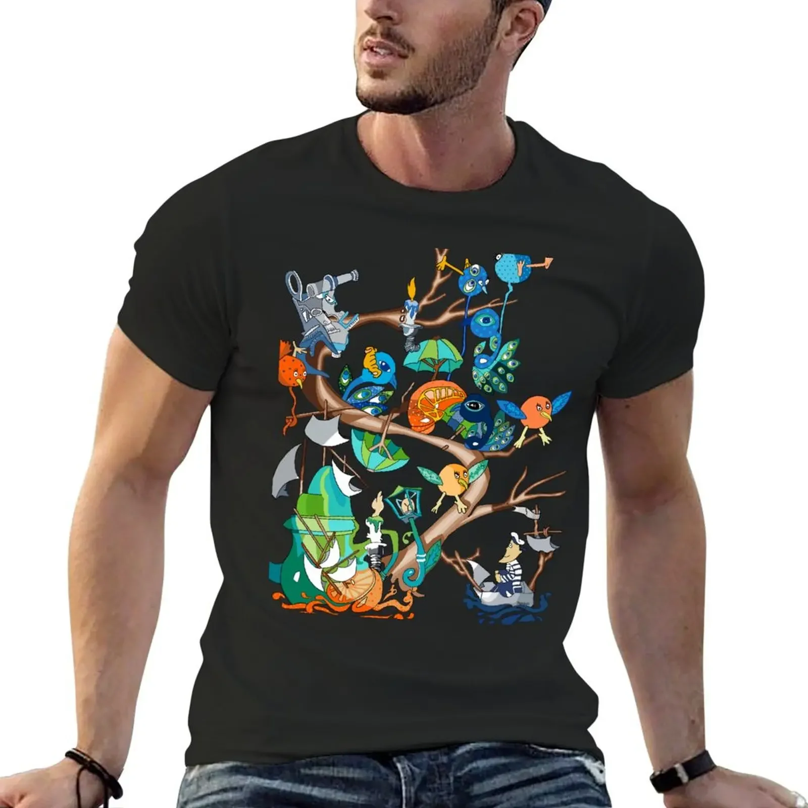 Tree with sailor, sextant and balloon birds T-Shirt graphic t shirt vintage anime t shirts custom t shirt mens white shirts