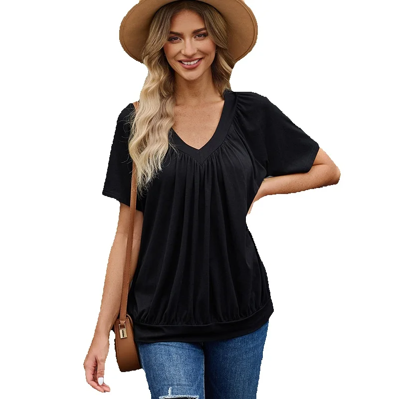 

Summer New Solid Color T-Shirt Women's Thin Loose Casual Pullover V-Neck 3/4 Sleeve Top Women