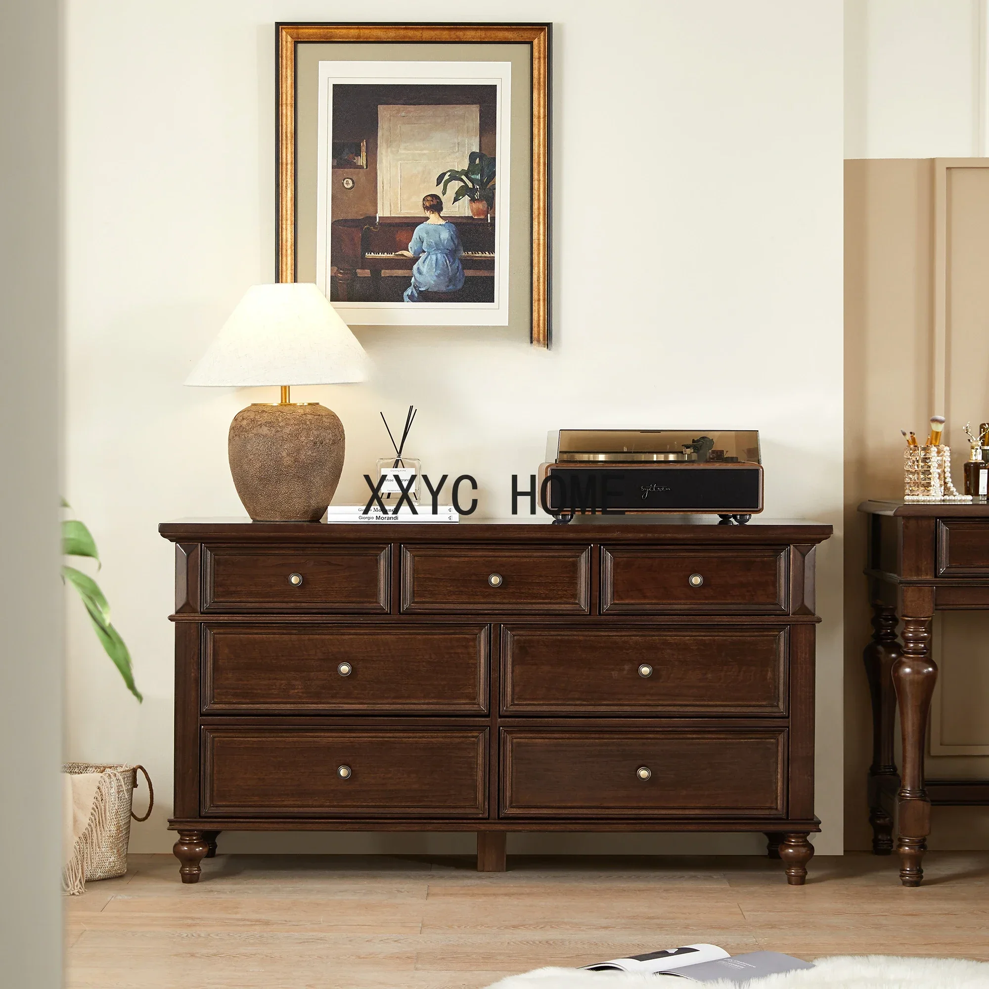 Chest of Drawers Solid Wood American Black Walnut Color Retro Living Room against the Wall 7-Drawer Cabinet