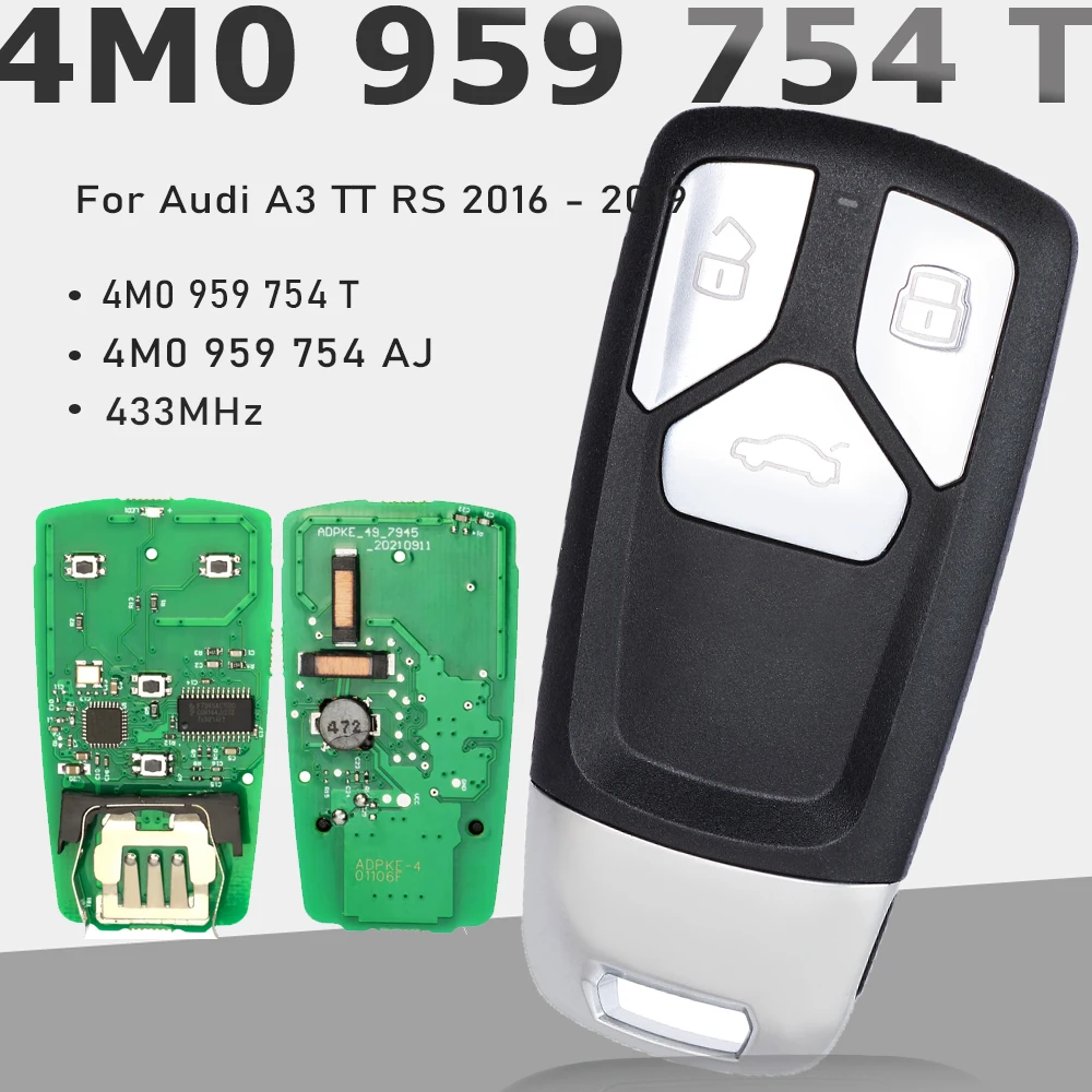 

KEYECU 4M0 959 754 T, 4M0 959 754 AJ 3 Button 433MHz Smart Remote Key Fob Keyles for Audi A3 TT RS 2016 2017 2018 2019