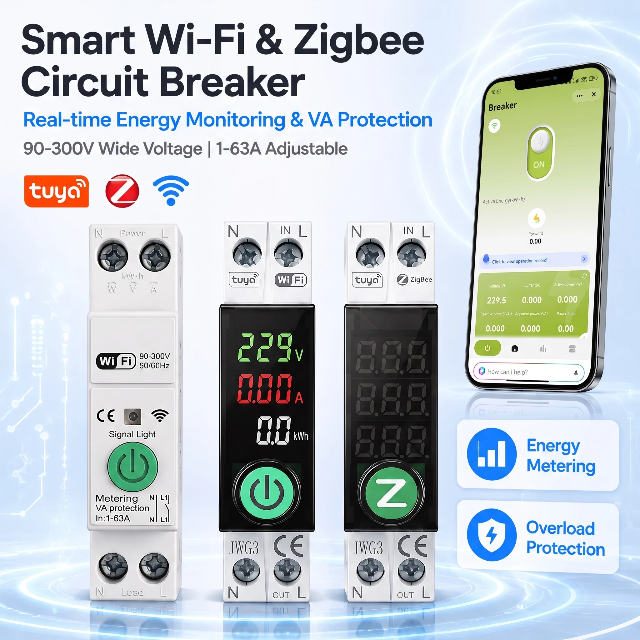 Tuya WiFi/ ZigBee 63A Smart Circuit Breaker Switch Energy Meter kWh Meter Monitoring Timer Relay MCB Voltage Current Protection