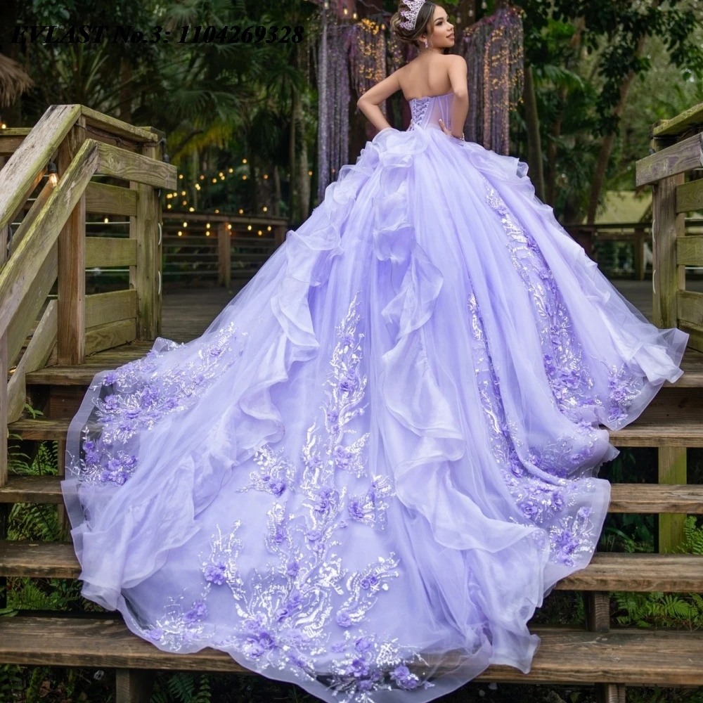

EVLAST индивидуальное бальное платье цвета лаванды Quinceanera 2025 года с цветочной аппликацией и оборками из бисера Sweet 16, Vestidos De 15 Anos E3Q775