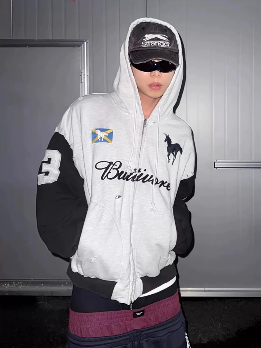 

American Sle Loose Fit Hoodie Jaet Men's Heavy Embroidery War Destroyed Zipper Hoodie Outerwear Casual Sweatirt