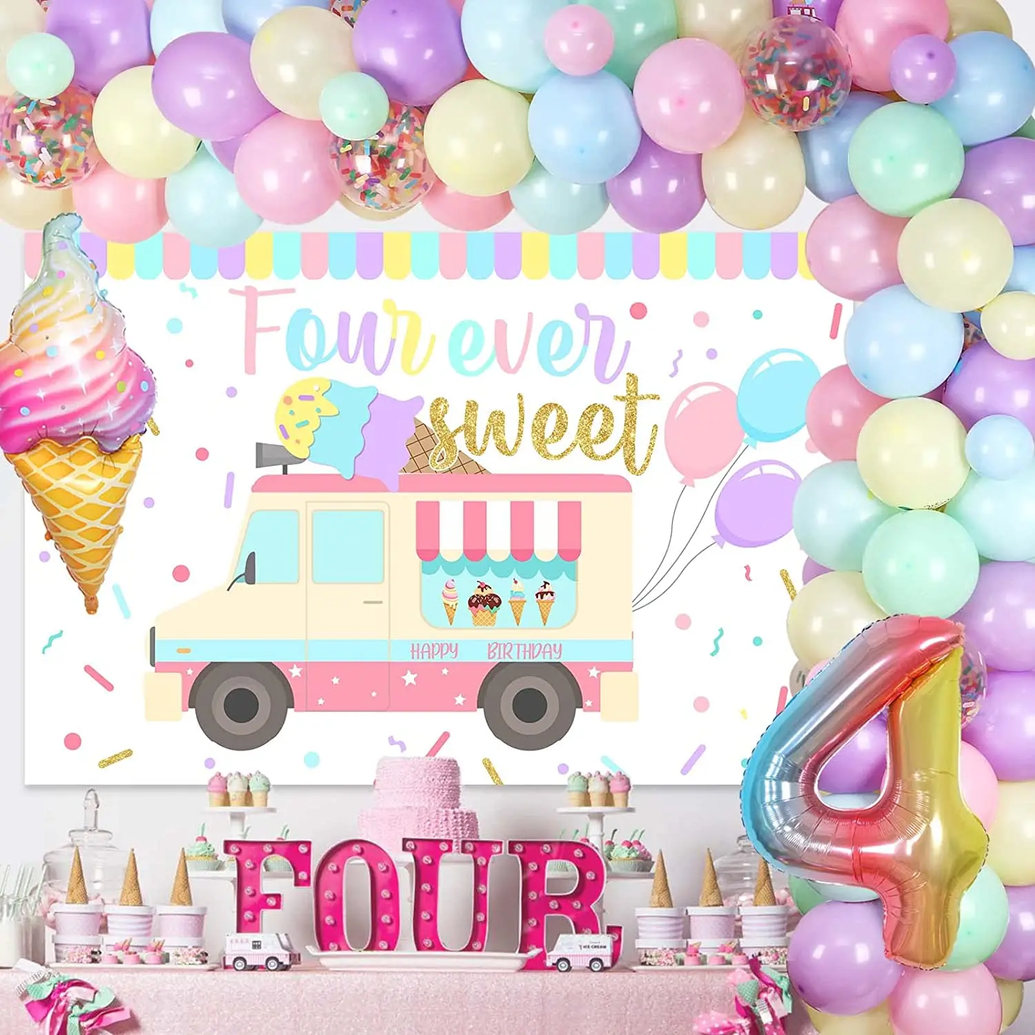 

Ice Cream Theme Birthday Party Decorations, 4 Ever Sweet Backdrop, Macaron Balloons Kit, Girl, 4 Years Old