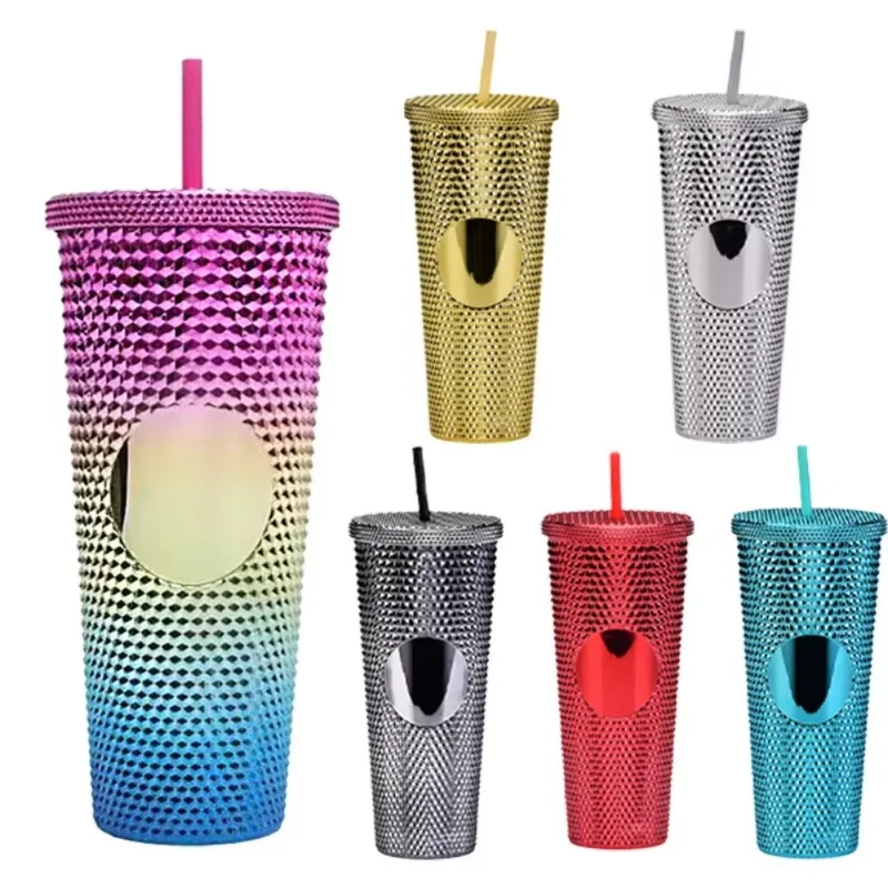 710ML Candy Colored Straw Cup with Lid Double Layer Insulated Plastic Coffee Cup Rhinestone Rivet Cup Travel Mug for Home Office