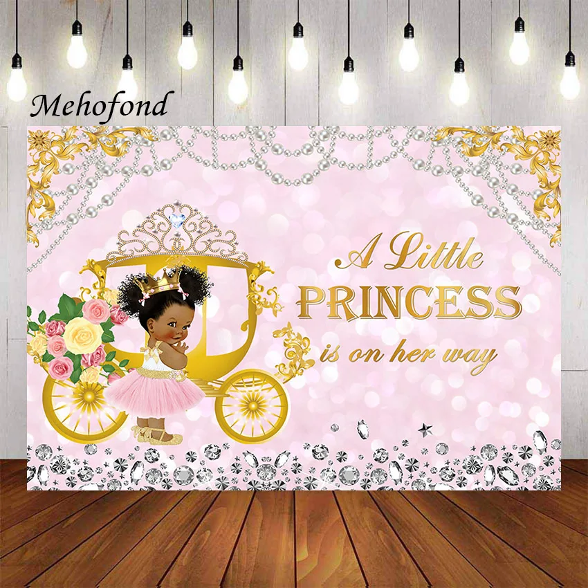 

Mehofond Photography Background Little Princess Gold Carriage Crown Girls Baby Shower Party Decor Backdrops Photo Studio Banner