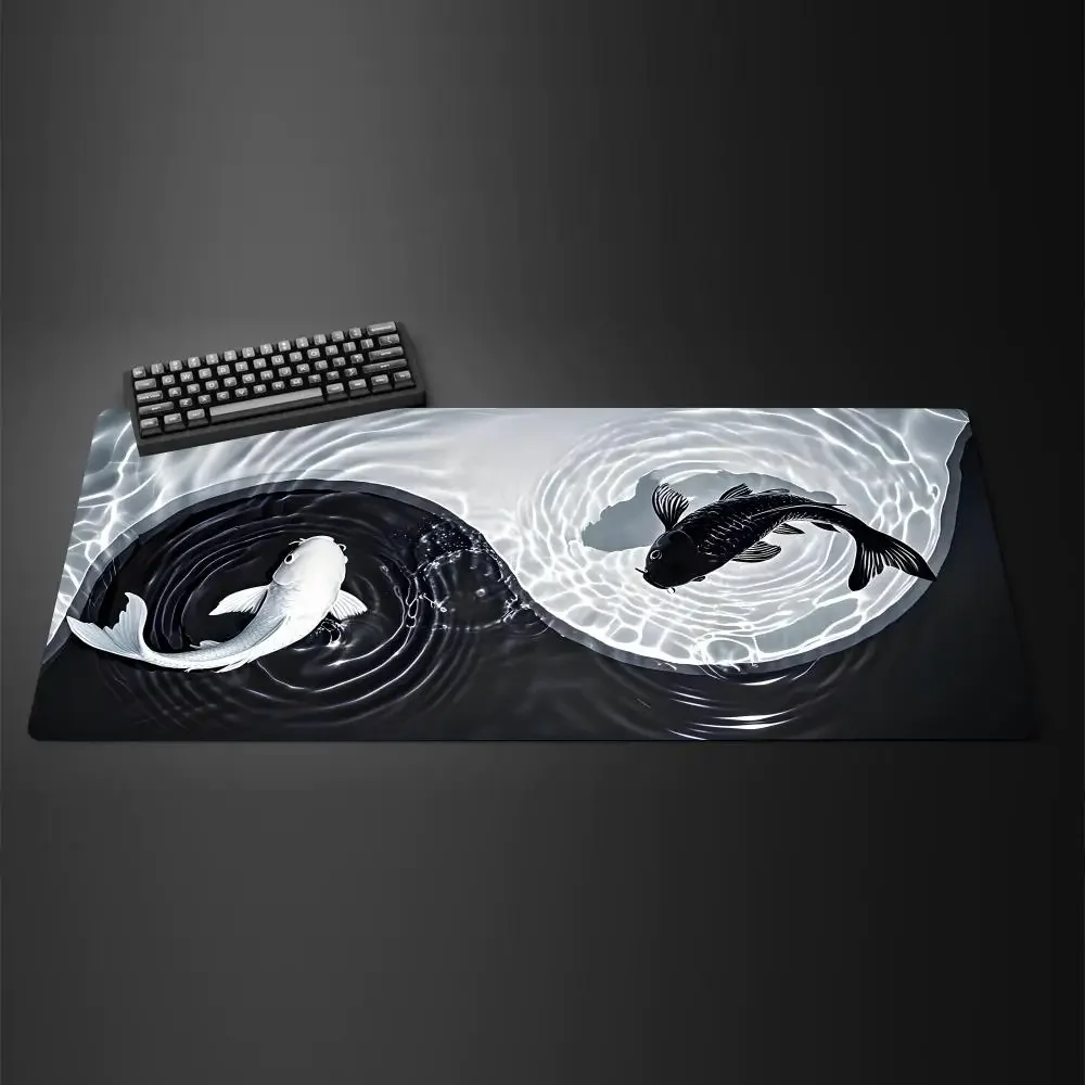 Japanese Desk Mat Black White Multi Size Mouse Pad Koi Fish Japan Art Seal Yin Yang Fish Large Gaming Deskmat Rubber Mousepad