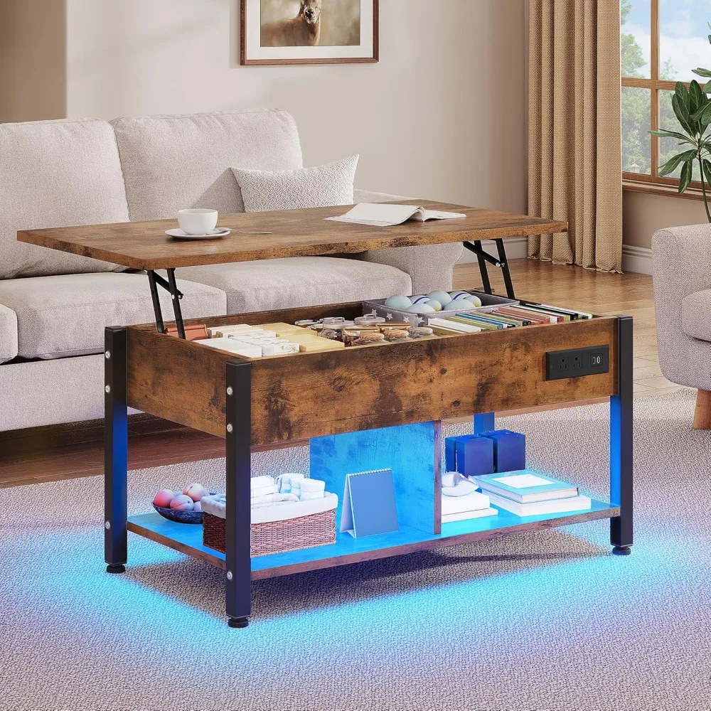3-in-1 Coffee Table with RGB Lighting, Power Outlets, Storage, and Adjustable Height