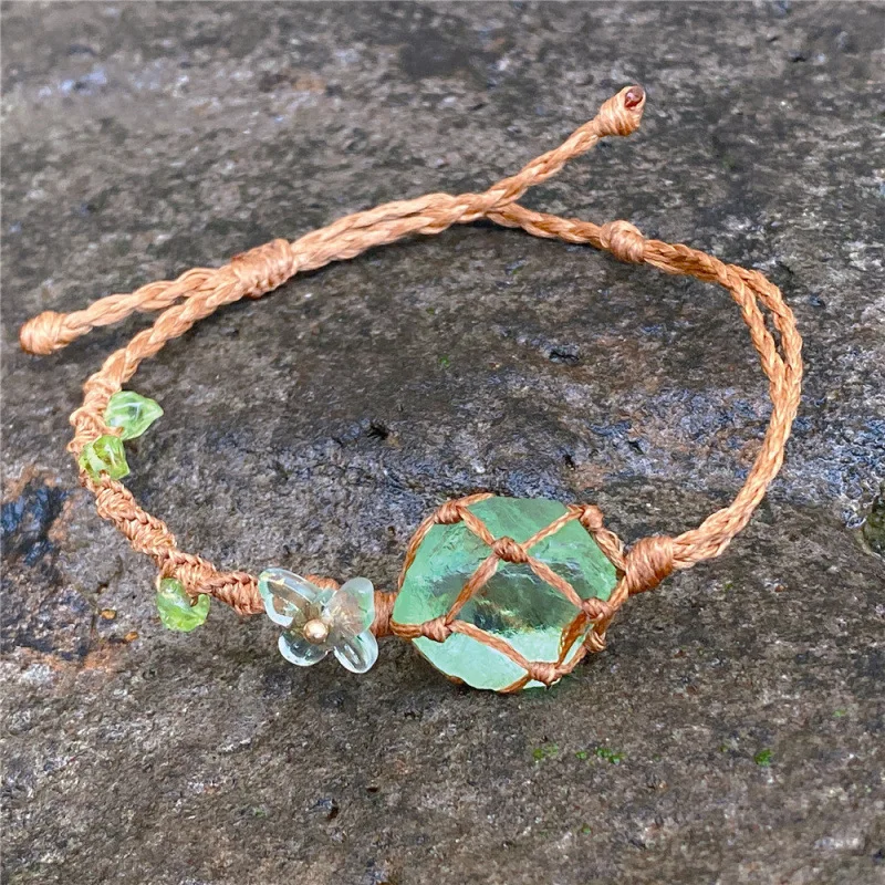 Natural Lucky Fluorite Rough Stone Macrame Net Pouch Necklace Hand Woven Boho Crystal Bracelet Blessing Protection Jewelry