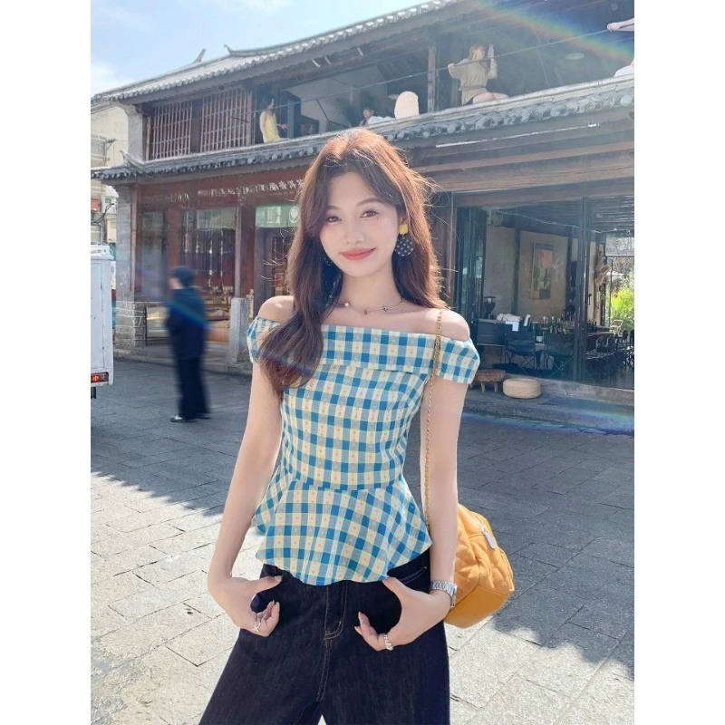 Women's Off Shoulder Gingham Blouse Summer Slim Fit Plaid Floral Print Short Sleeve Peplum Top Blue