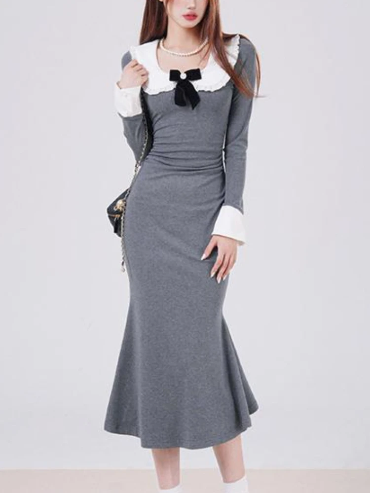 Korean Elegant Long Mermaid Dress Women Casual Long Sleeve Slim Bodycon Dress Female 2024 Autumn Fashion Party Fairy Dress Chic