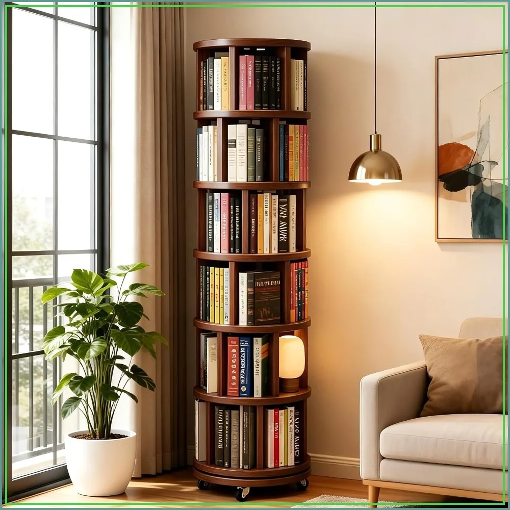 6 Tier Solid Wood 360° Rotating Bookshelf Tower Round Revolving Book Shelf