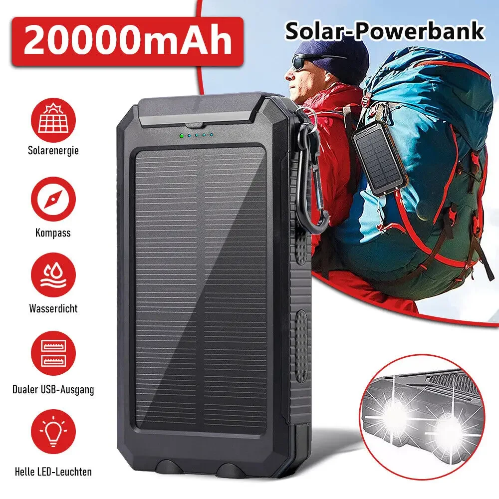 20000mAh Solar Power Bank Portable External Battery Charger 2 USB Ports Double LED Lighting Waterproof Solar Charger For iphone