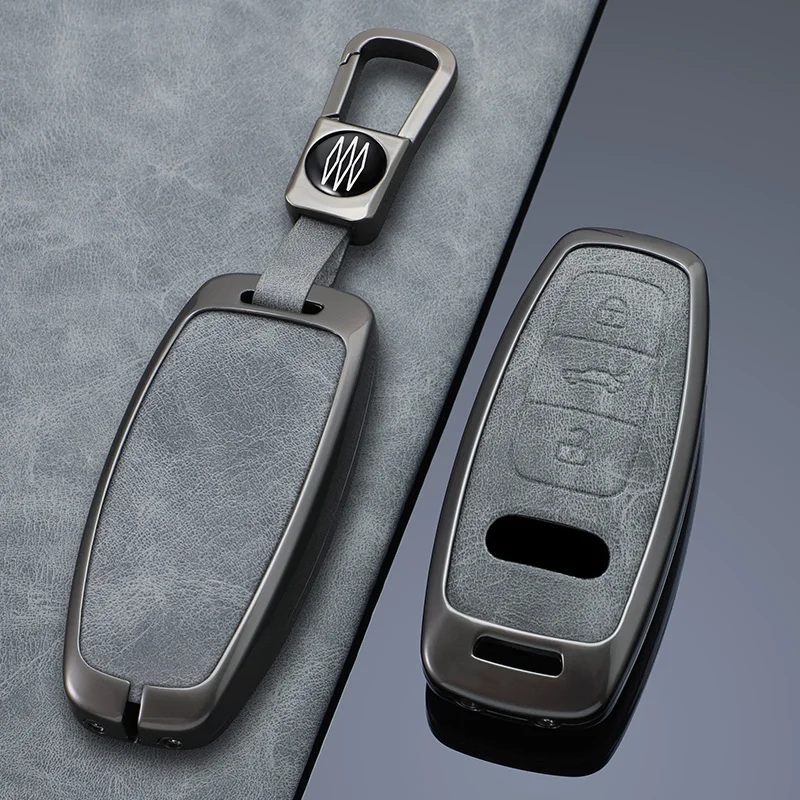 Zinc Alloy + Leather Car Key Case Cover Fob Protection Holder for Audi A8 S8 Q7 Q8 SQ8 A3 A6 C8 A7 S7 D5 4N E-tron 2018 - 2024