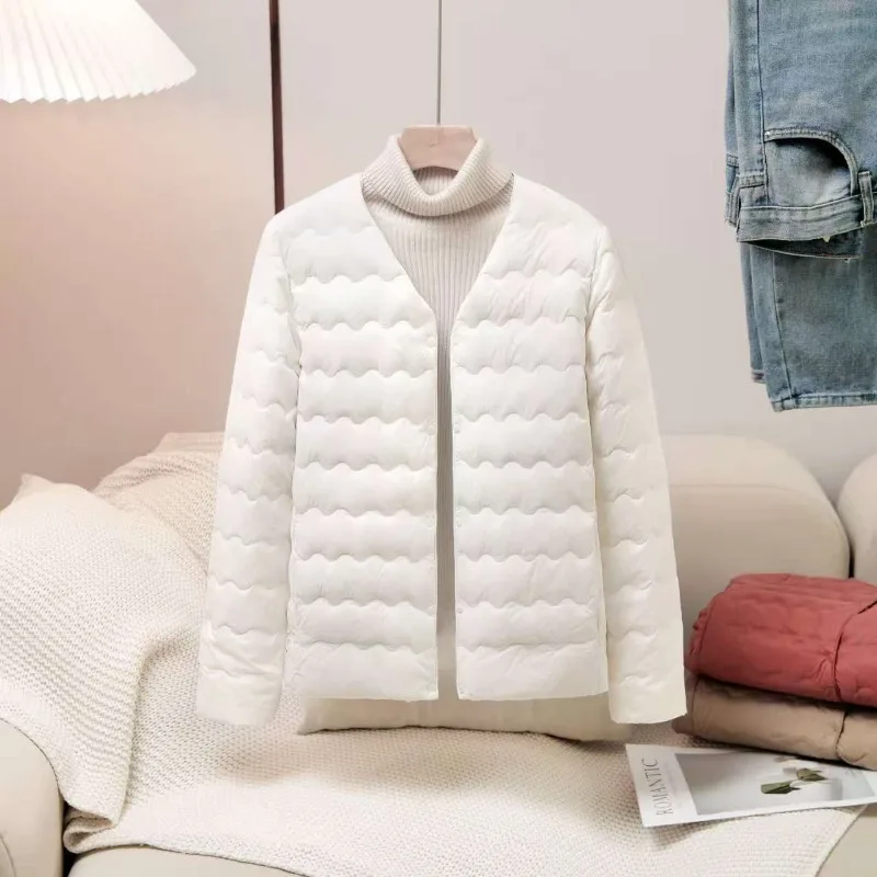 여성용 가을/겨울 경량 다운 재킷용 내피 - 반팔, 라운드 넥, 몸에 꼭 맞는 디자인, 칼라 없음