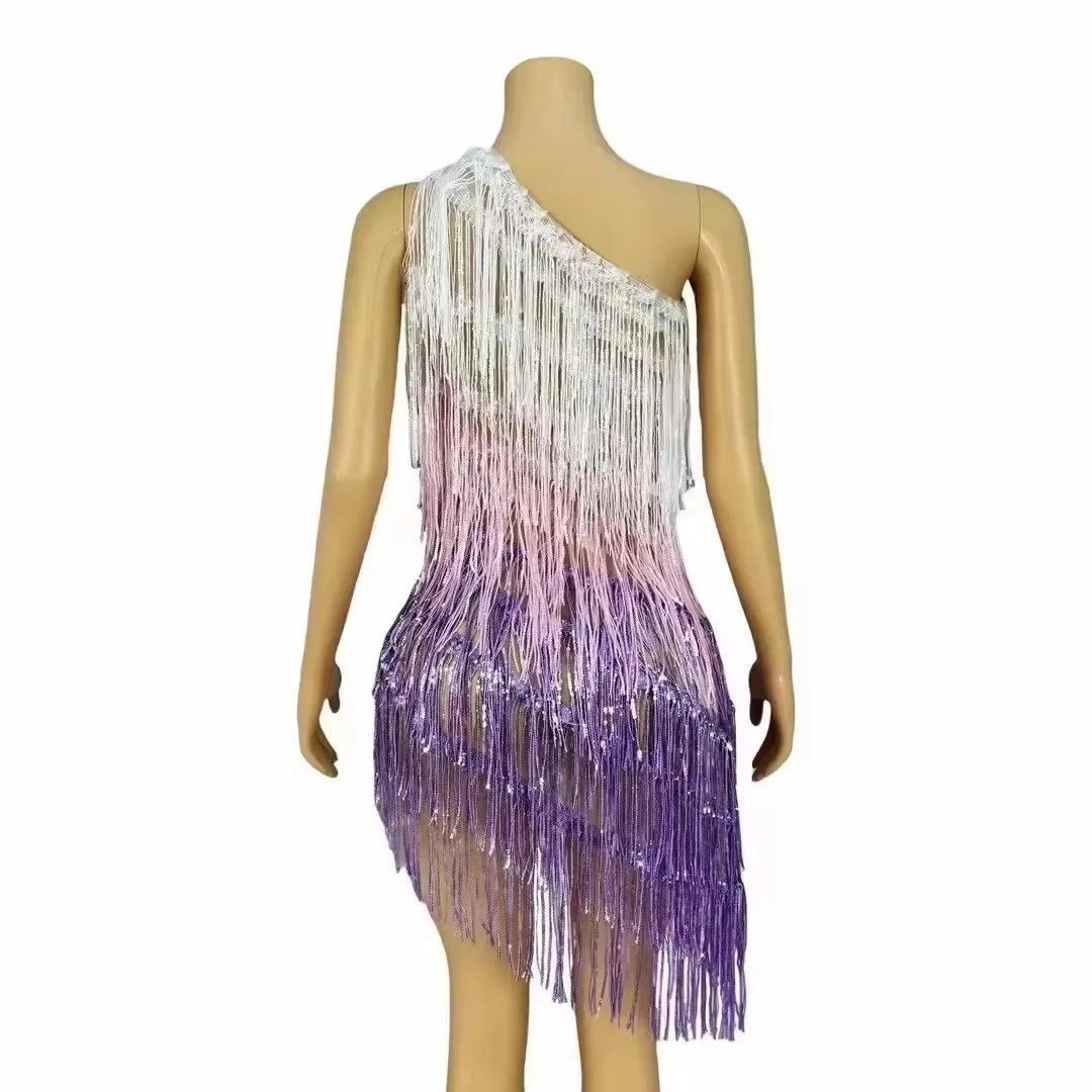 여성 스팽글 술 라틴 댄스 원 숄더 컬러 풀 한 드레스 메쉬 프린지 드레스 댄서 팀 경쟁 무대 공연 의상