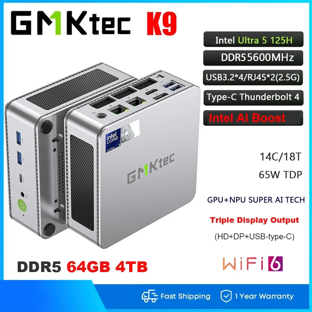 GMKtec K9 Intel Core Ultra 5 125H Mini PC Windows 11 Pro DDR5 5600MHz PCle4.0 Nvme SSD Desktop Gamer Computer Dual Dual LAN2.5G