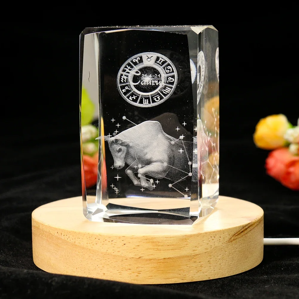 80mm Laser Engraving 3D Zodiac Signs Sagittarius Virgo Prism Glass Crystal Ornament Paperweight Craft Jewelry Display Base Decor