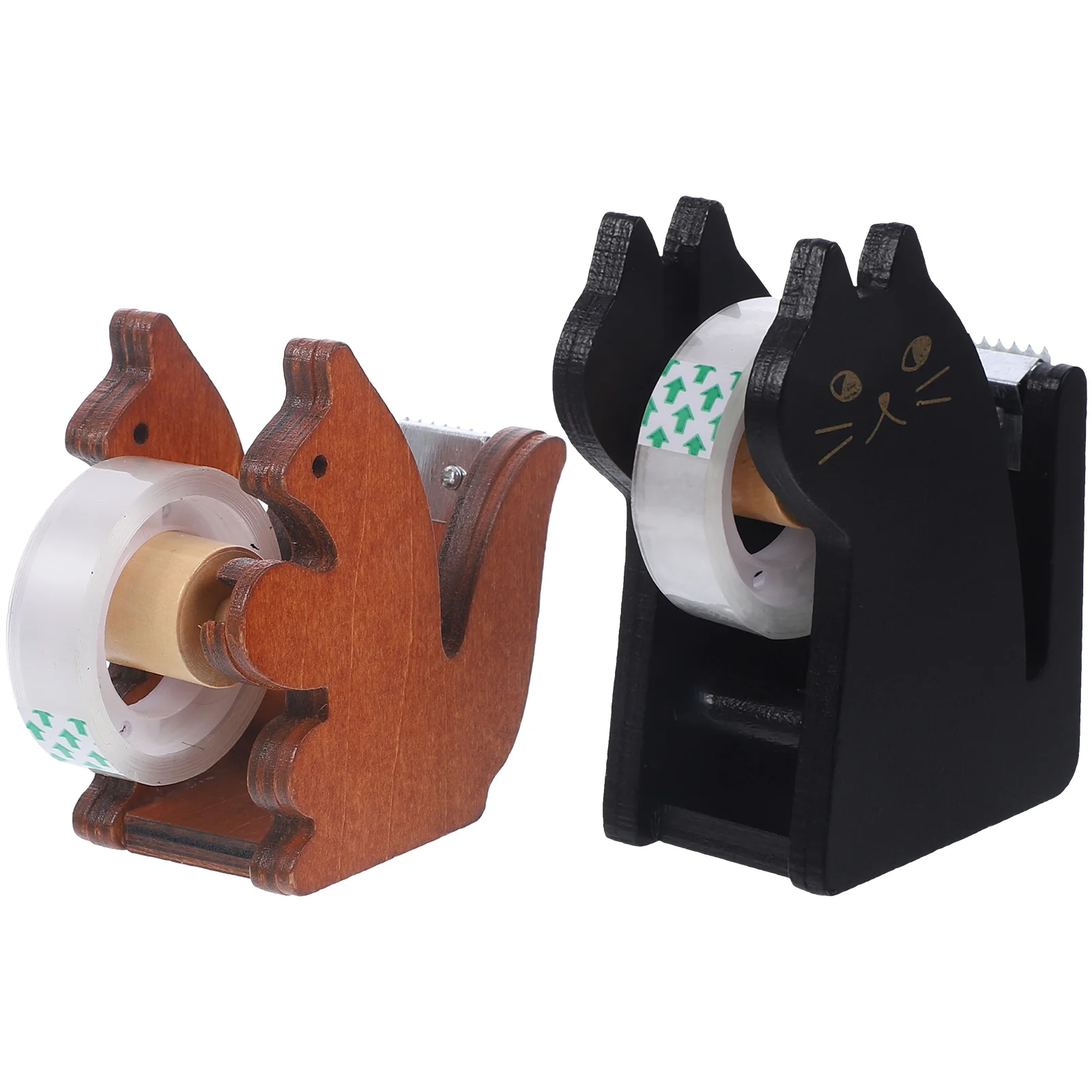 

2 Pcs Cartoon Animal Tape Dispenser Adorable Desktop Holder Black Cat Squirrel Wooden Vintage Office School Supplies