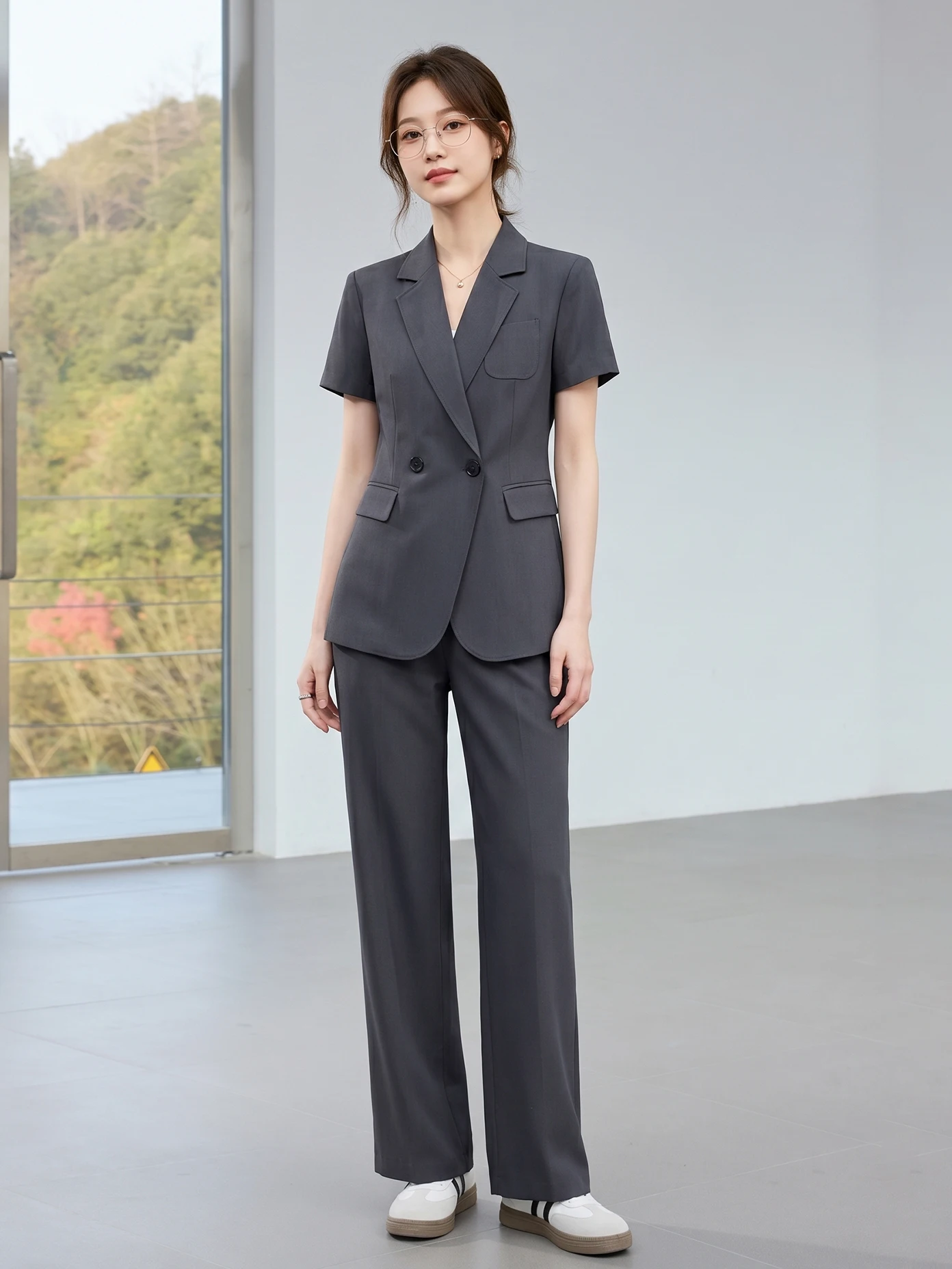 

Gray Casual Suit Jacket Women's Summer Thin Short Sleeve Office Professional Formal Short Suit Set Polyester Business Wear