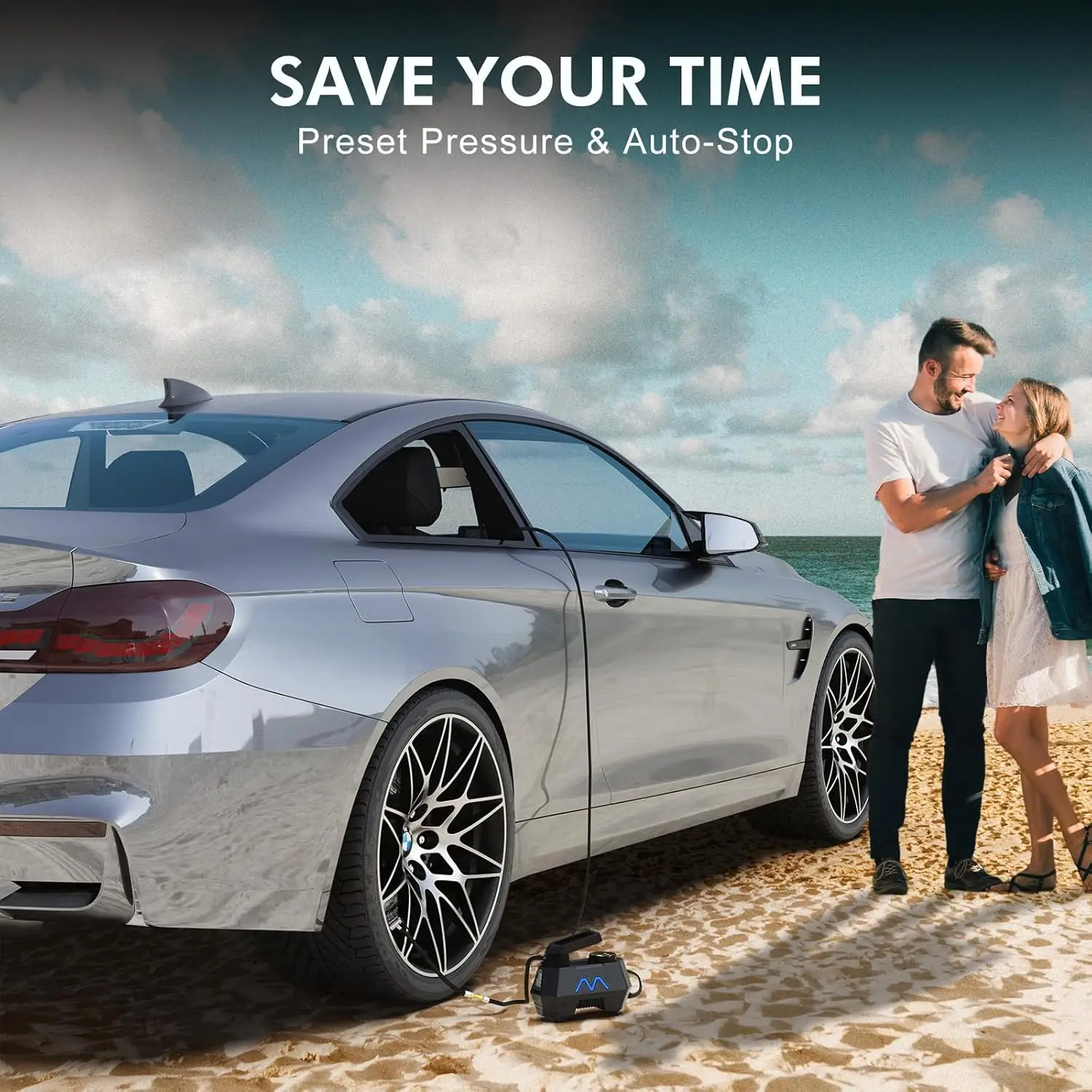 ضاغط هواء محمول 150 رطل لكل بوصة مربعة لإطارات السيارات والدراجة، 12 فولت تيار مستمر مع مقياس رقمي وإضاءة LED - أزرق