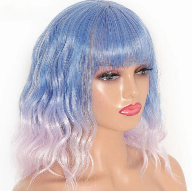 

Bob Wavy Curly Hair Pink Blue Short Bangs Girls Party Cosplay Daliy Wigs