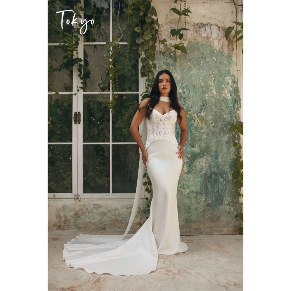 Tokyo Choker Neck Lace Corset Mermaid Wedding Dress Sweetheart Long Train White Bridal Gown Elegant Mermaid Formal Evening Gown