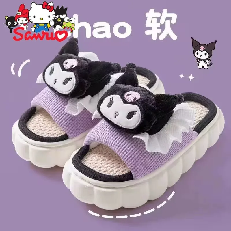 MINISO Melody Kuromi Hello Kitty Cinnamoroll Pochacco Linen Slippers Home Soft Thick Bottom Non-slip Breathable Seasonal Slipper