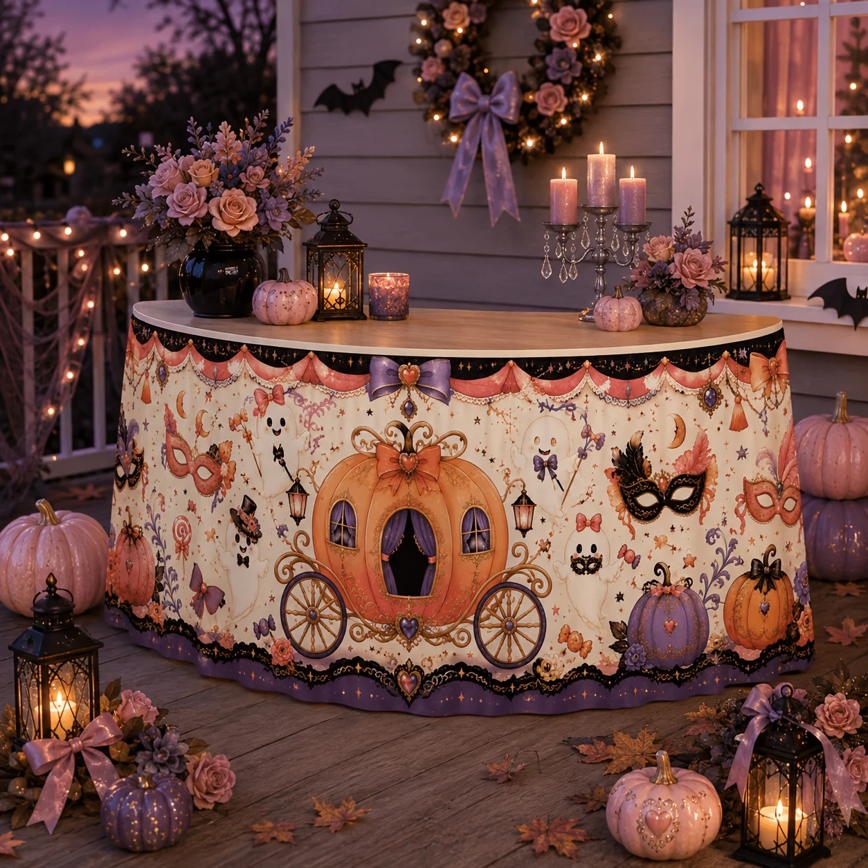 Halloween party tablecloth, featuring a pumpkin carriage mask, bats and candy decorations, suitable for banquets and weddingsxzj