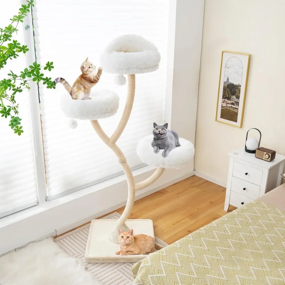 Tall Cat Tree, 70 Inch Multi-Level Large Cat Tower with 3 Warm Perches, 3 Jingling Balls, Sisal Scratching Posts & Boar