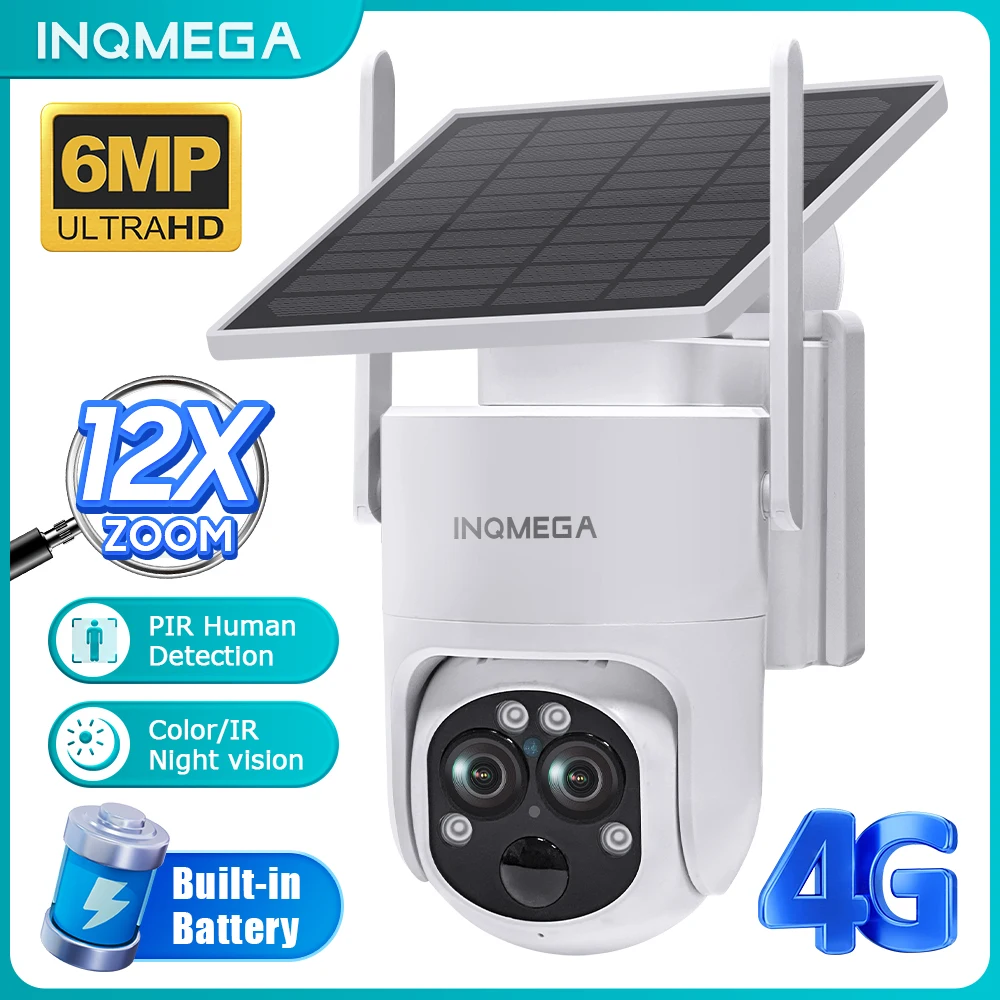 INQMEGA 12X Zoom 4G SIM Solar Security Camera 6MP Night Vision Dual-Lens Outdoor WiFi Solar Battery Camera PIR Human Detection
