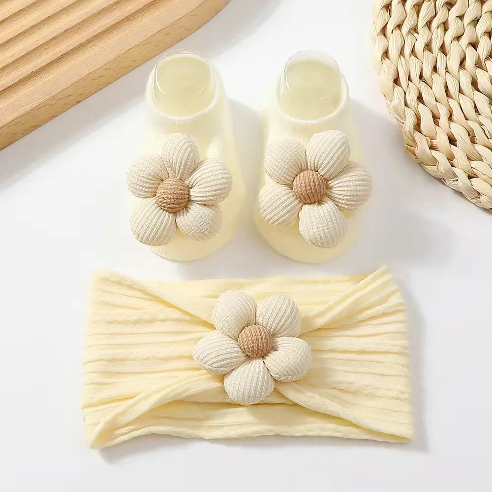 3Pcs/Set Flower Baby Headband Socks Set Soft Nylon Hairband for Newborn Girl Elastic Floral Turban Short Sock Infant Headwear