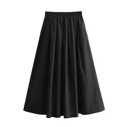 2024 Spring New Fashion Solid Color Slimming Vintage High Waist Wide Pendulum Midi Skirt Women Elastic High Waisted A-Line